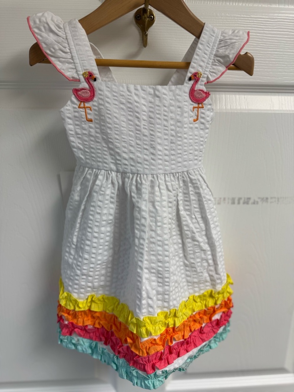 Good Lad White Seersucker Dress with Pink Flamingo Appliqués & Rainbow Ruffles
